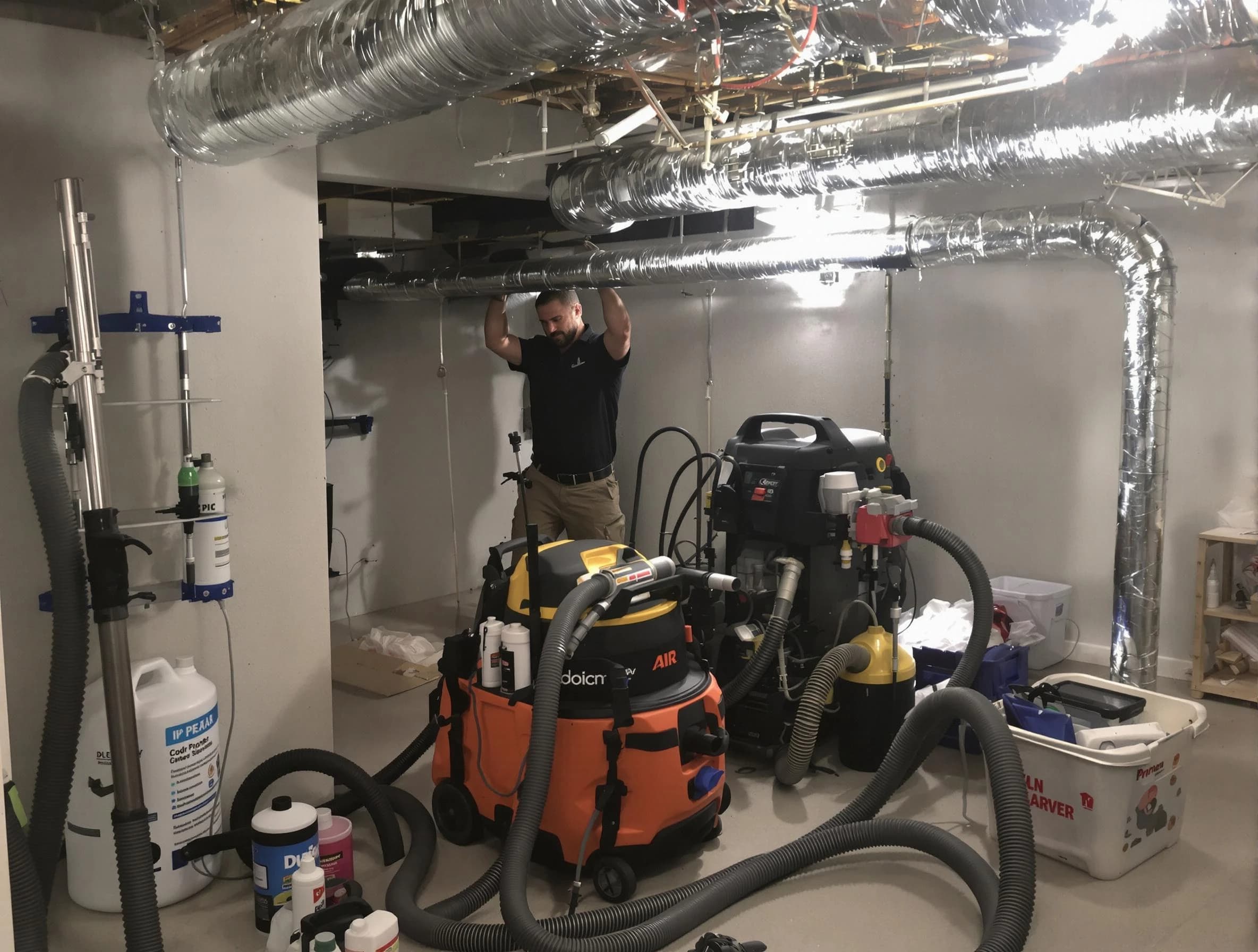 Mountain Brook Air Duct Cleaning specialist performing professional mold removal from air ducts using safety equipment in Mountain Brook